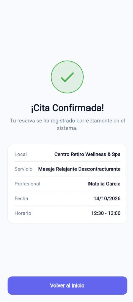 Pantalla de cita confirmada con local, servicio, profesional, fecha y horario