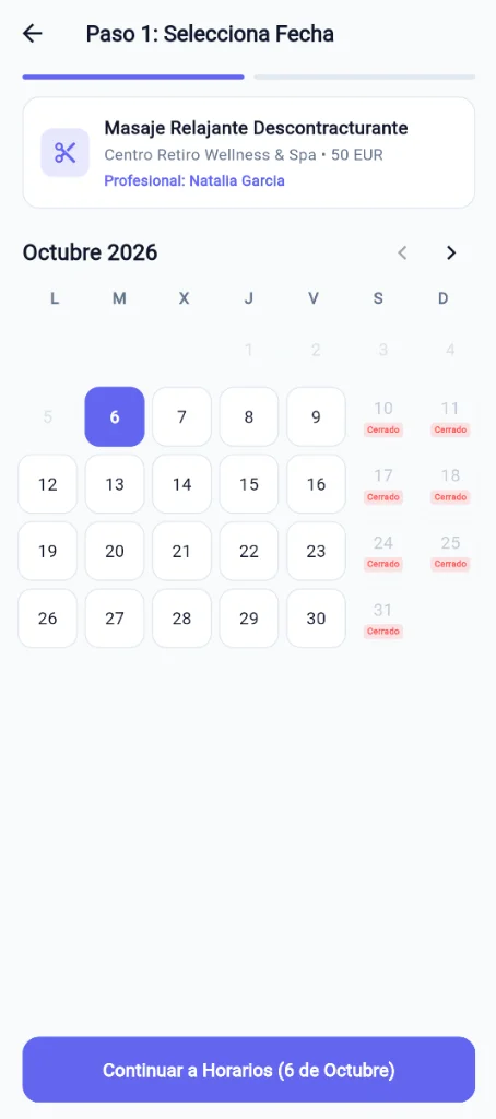 Calendario de la app con días disponibles y días cerrados