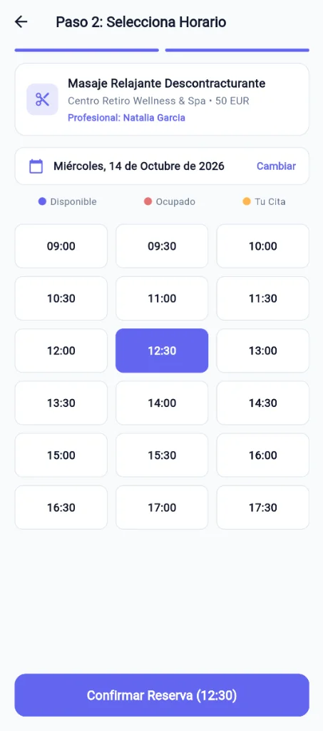 Selección de horario en la app con franjas disponibles y ocupadas