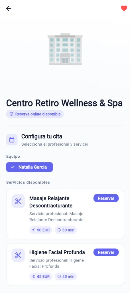 Ficha de un negocio en la app con equipo, servicios, precios y duración
